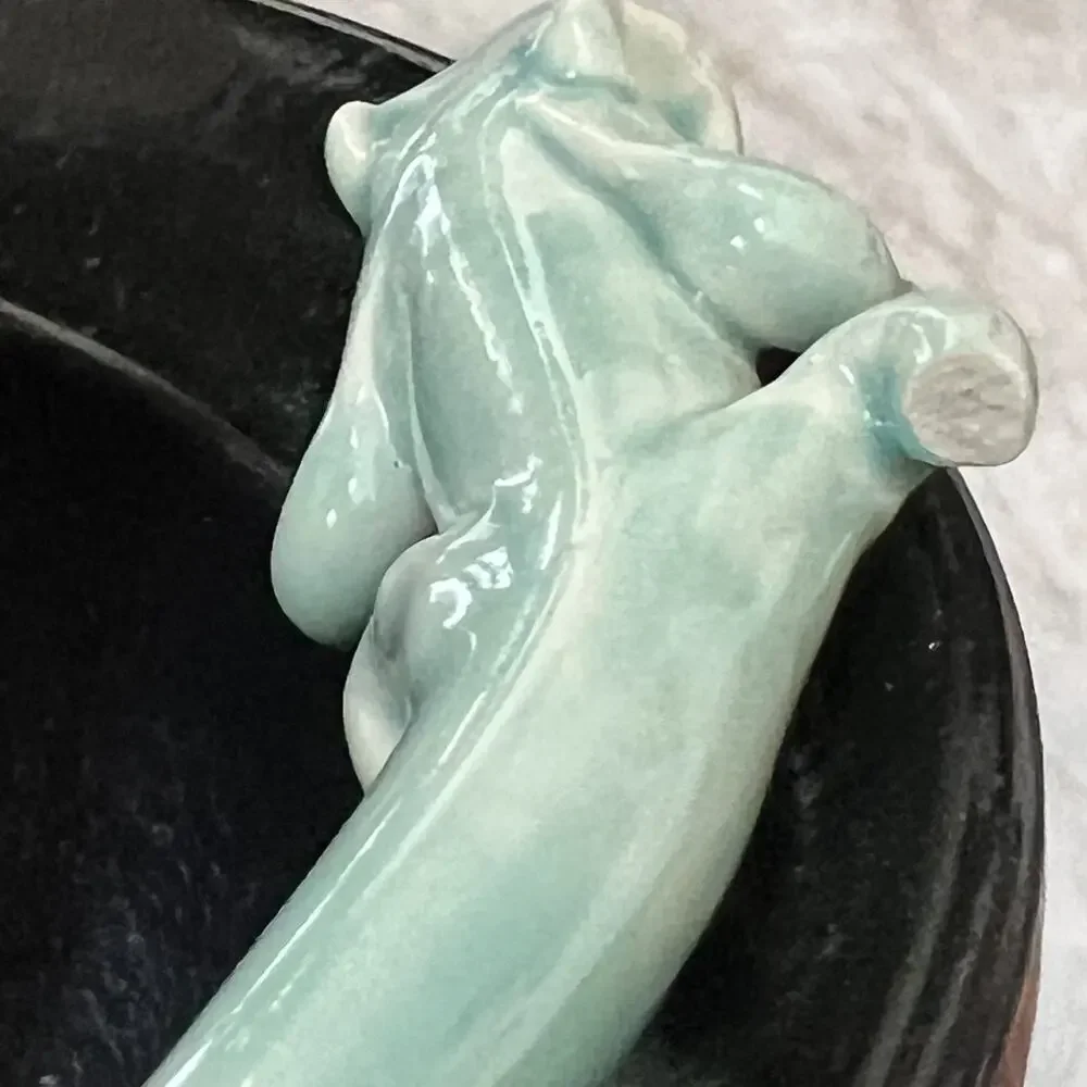 Handmade Black Ceramic Serving Bowl With Reactive Glaze & Green Lizard On Rim